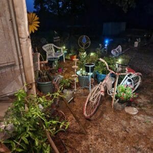 tobacco stick cottage at night flower garden - bike in the yard