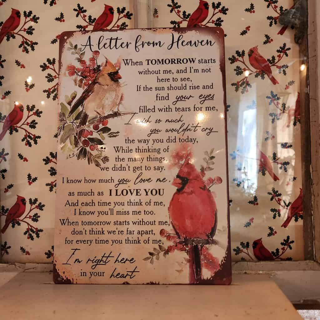 Inspirational "Letter from Heaven" plaque with cardinal illustration.